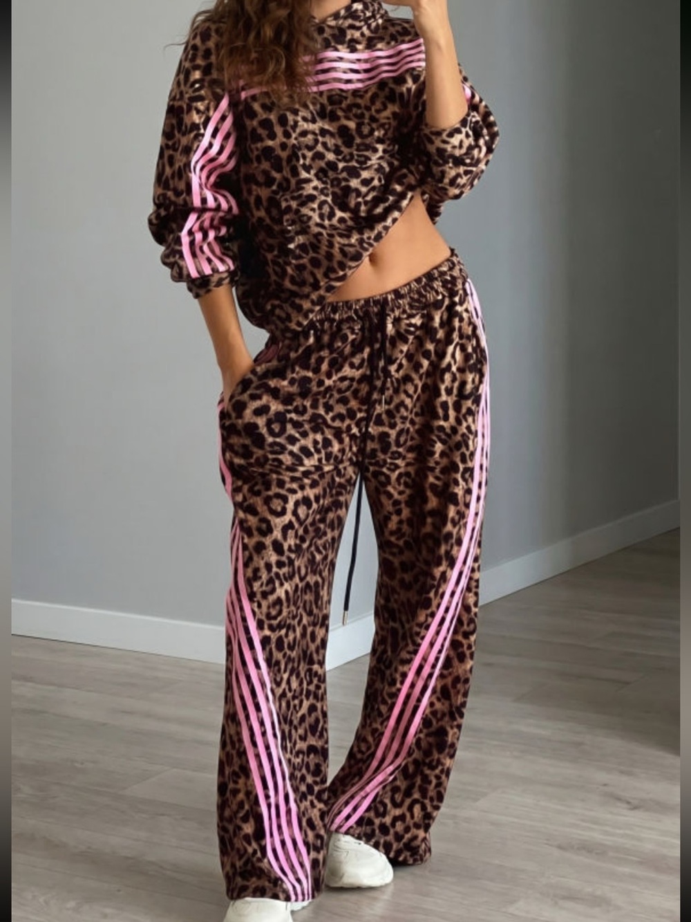 1296. Brown leopard stripe contrast hooded top & pant set